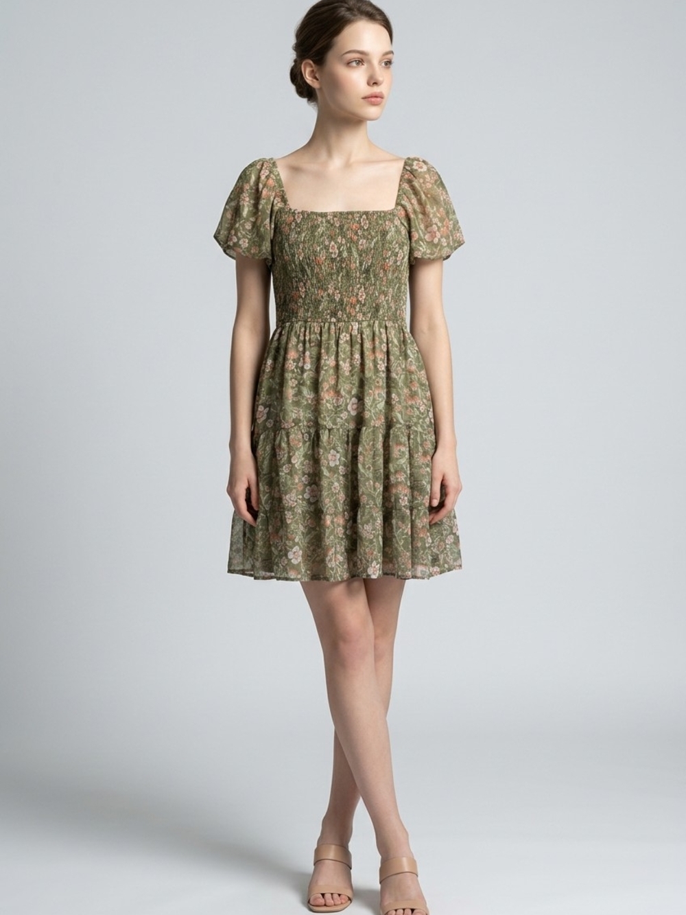 Rewind Olive Floral Smocked Square-Neck Mini Dress